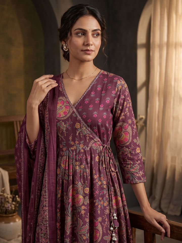 Wine Printed Cotton Blend Kurta With Pant &amp; Dupatta