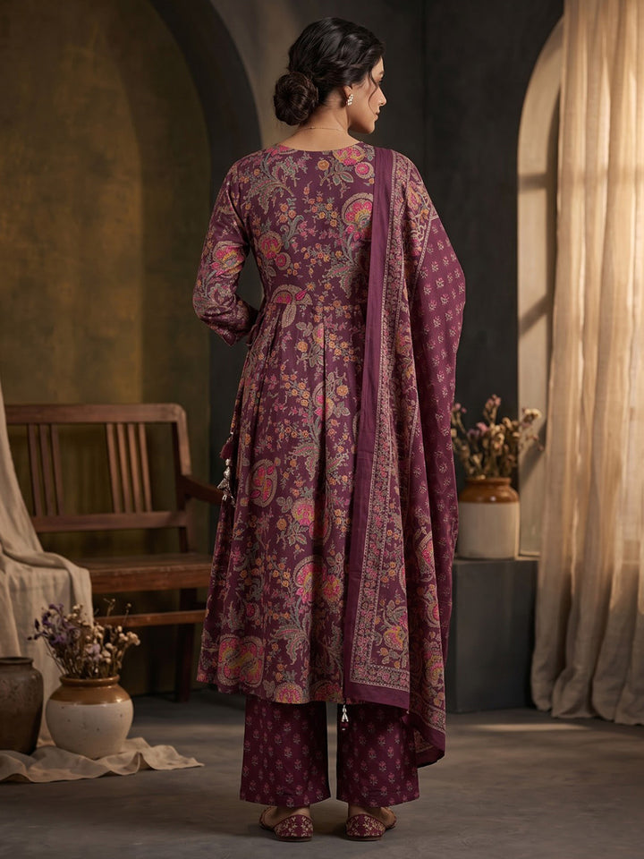 Wine Printed Cotton Blend Kurta With Pant &amp; Dupatta