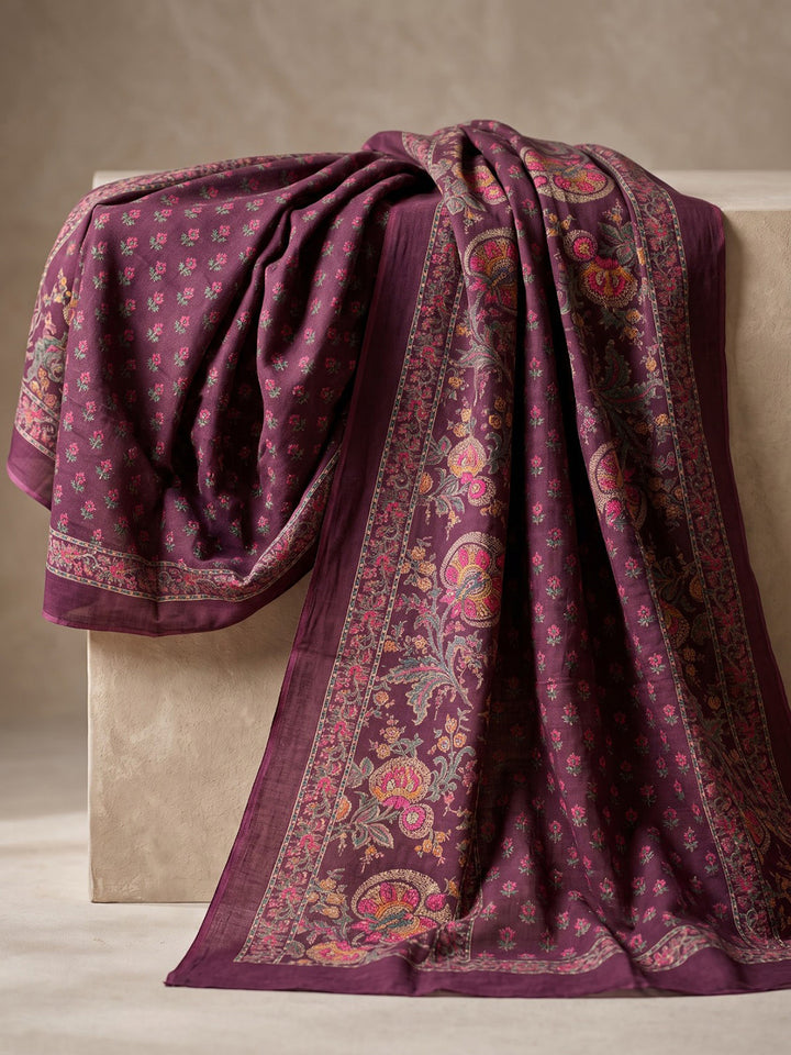 Wine Printed Cotton Blend Kurta With Pant &amp; Dupatta