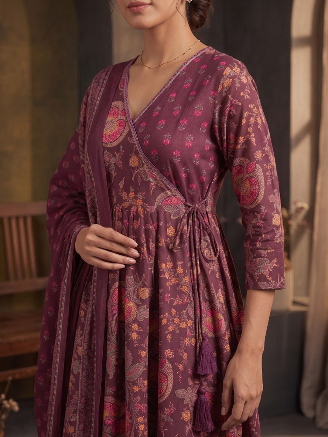 Wine Printed Cotton Blend Kurta With Pant &amp; Dupatta