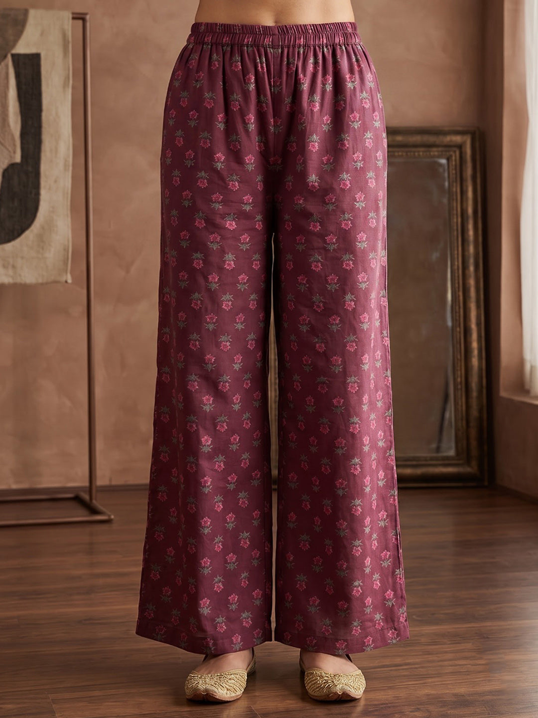Wine Printed Cotton Blend Kurta With Pant &amp; Dupatta