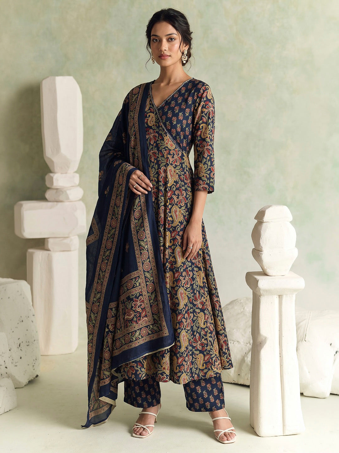 Blue Printed Cotton Blend Kurta With Pant &amp; Dupatta
