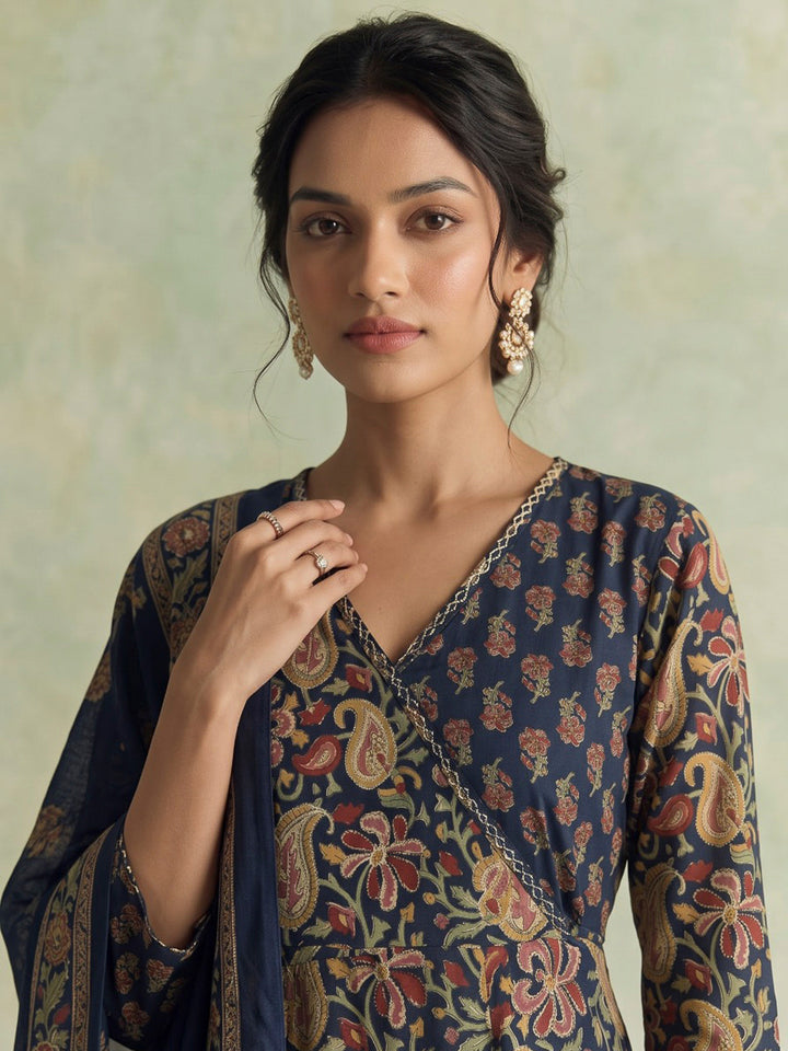Blue Printed Cotton Blend Kurta With Pant &amp; Dupatta
