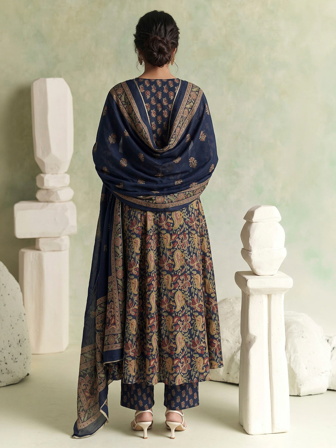 Blue Printed Cotton Blend Kurta With Pant &amp; Dupatta