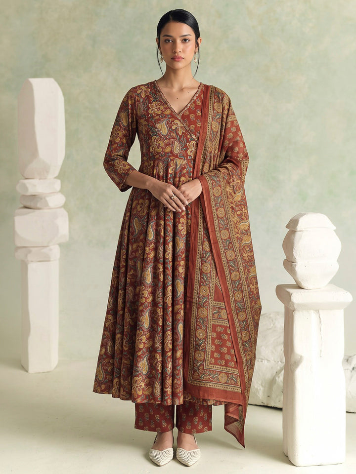 Red Printed Cotton Blend Kurta With Pant &amp; Dupatta