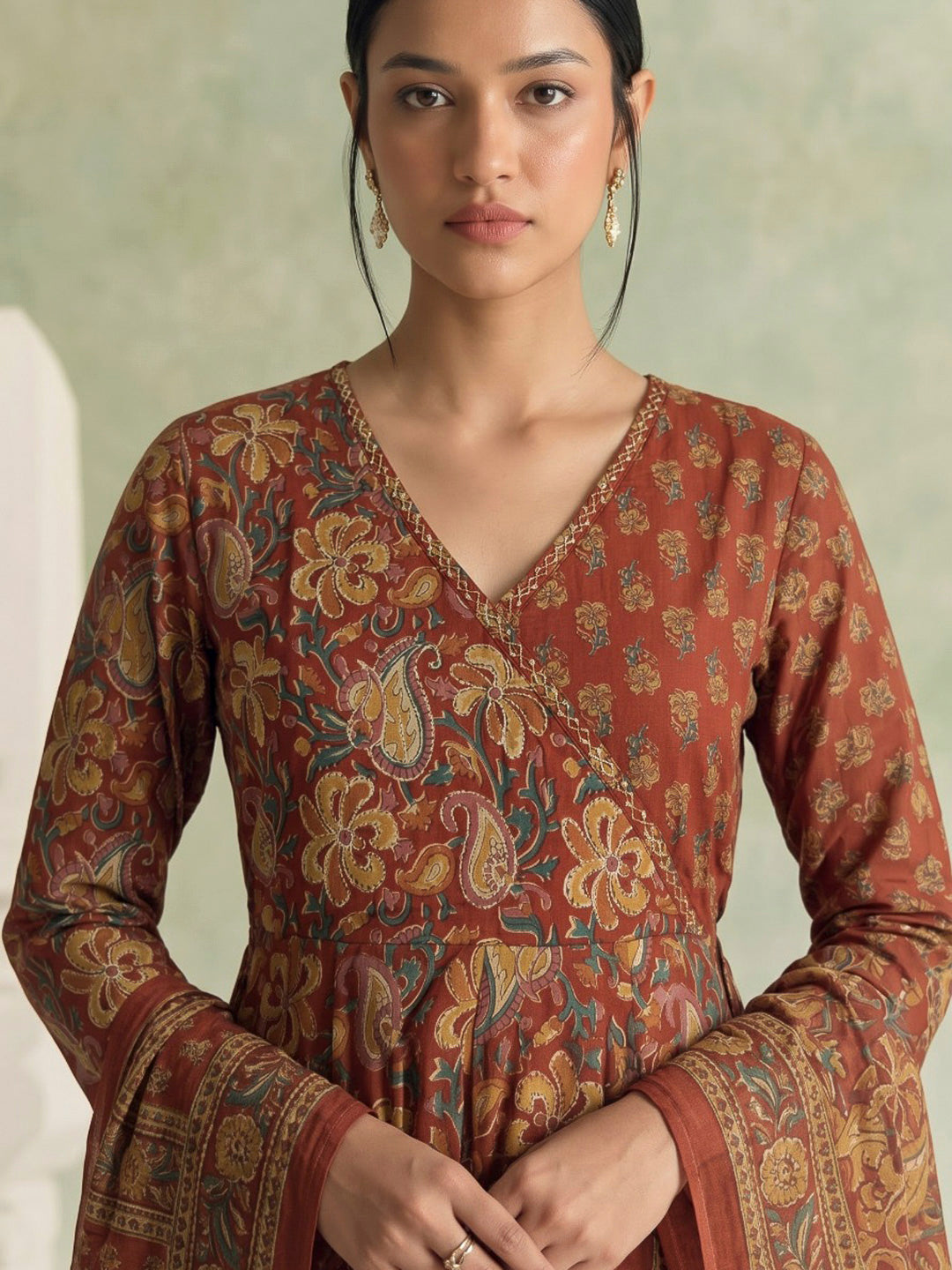 Red Printed Cotton Blend Kurta With Pant &amp; Dupatta