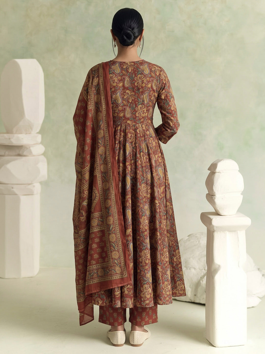 Red Printed Cotton Blend Kurta With Pant &amp; Dupatta