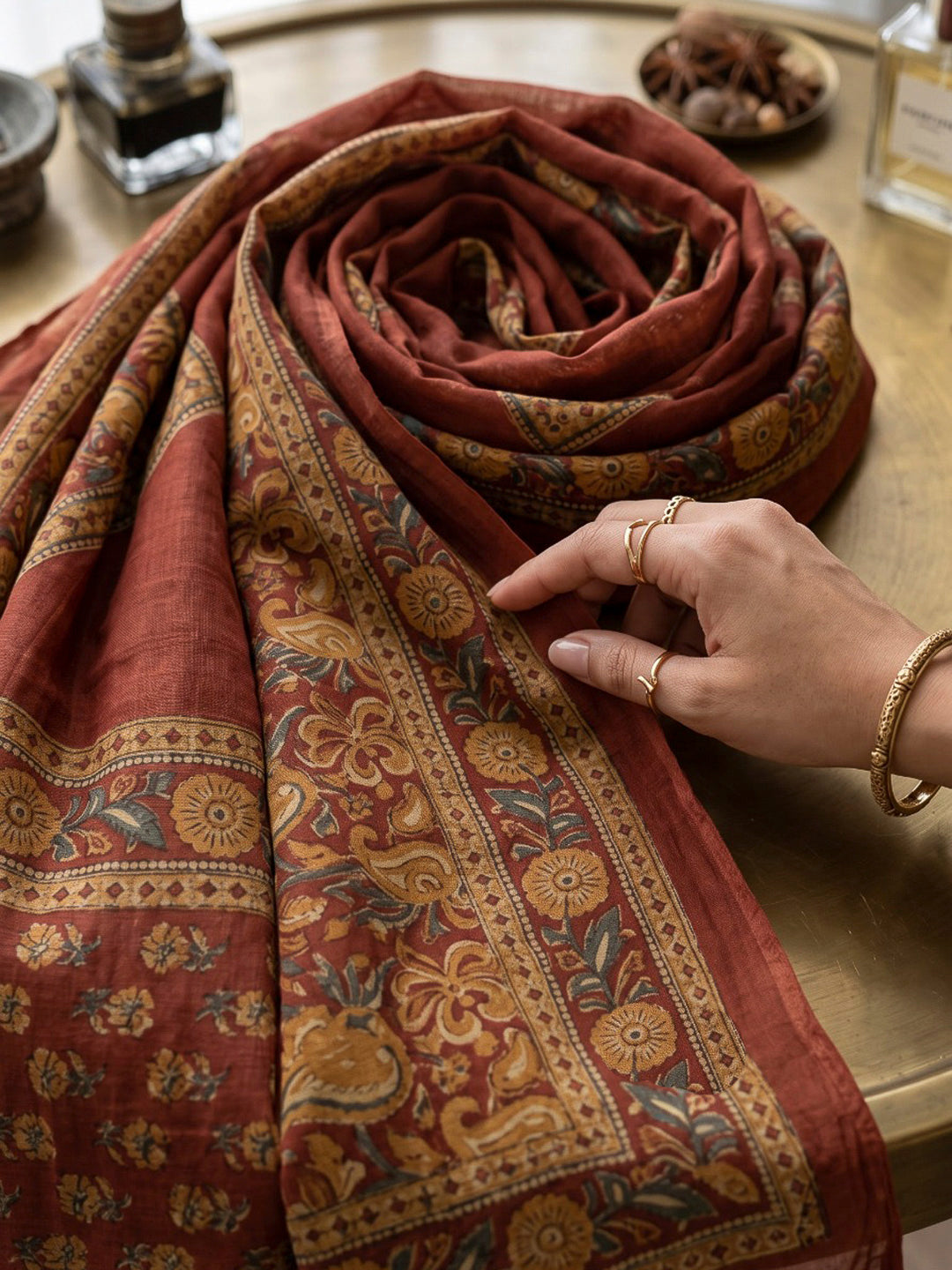 Red Printed Cotton Blend Kurta With Pant &amp; Dupatta
