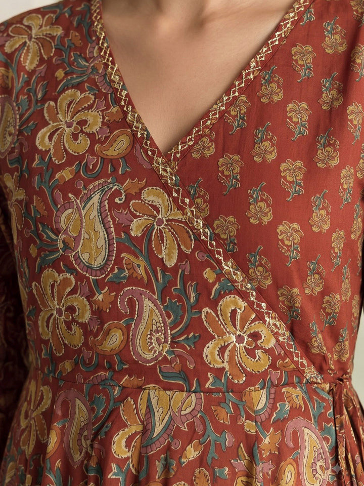 Red Printed Cotton Blend Kurta With Pant &amp; Dupatta