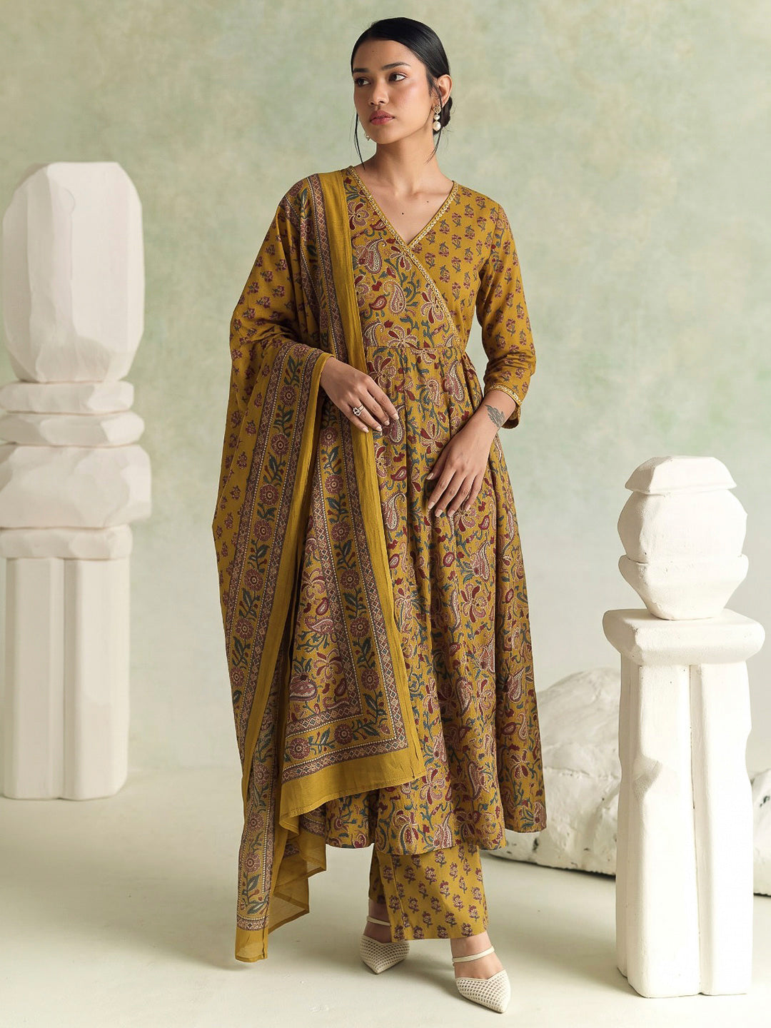 Yellow Printed Cotton Blend Kurta With Pant &amp; Dupatta