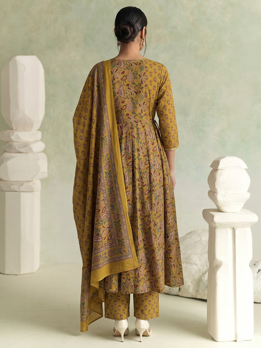 Yellow Printed Cotton Blend Kurta With Pant &amp; Dupatta