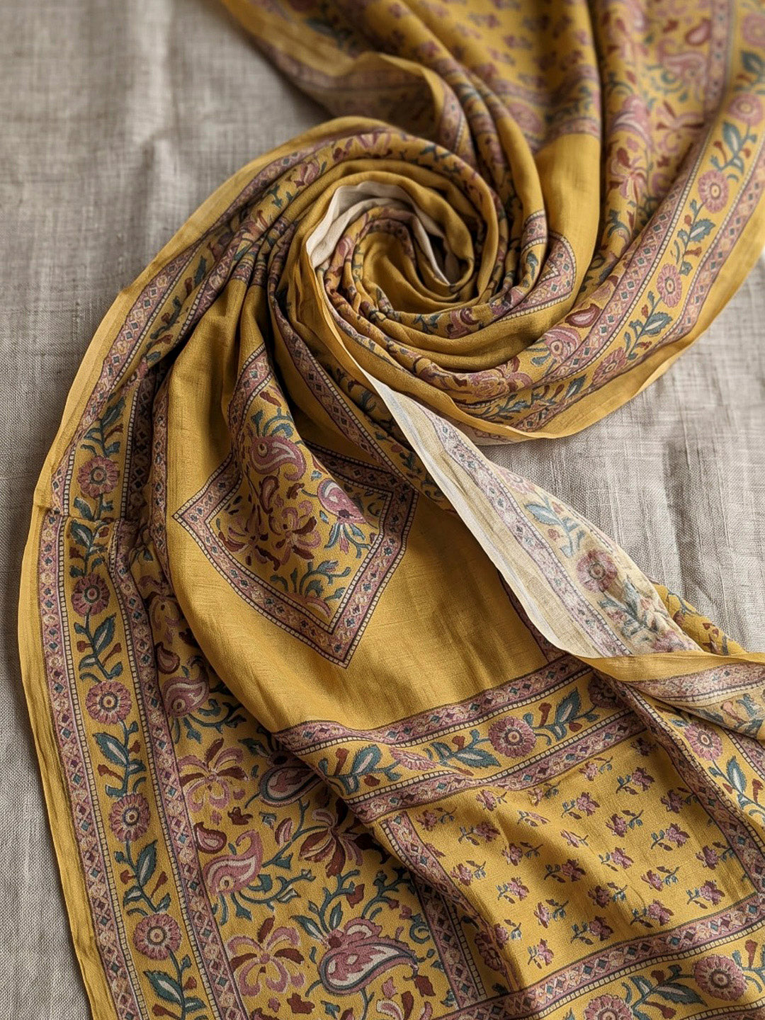 Yellow Printed Cotton Blend Kurta With Pant &amp; Dupatta