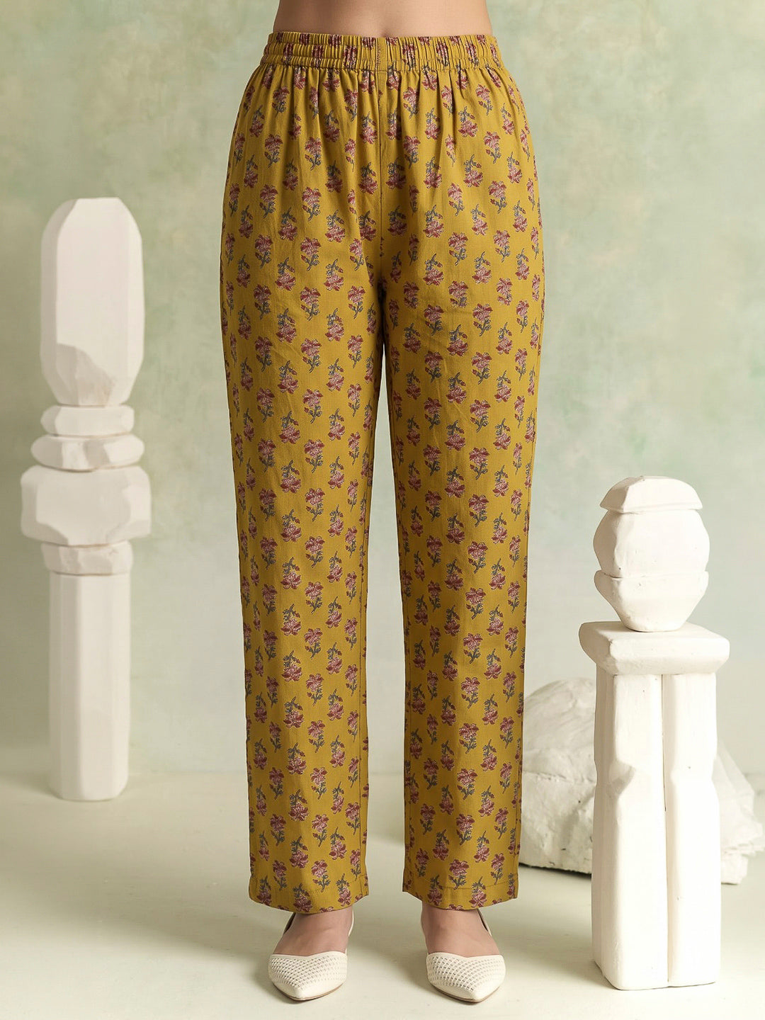 Yellow Printed Cotton Blend Kurta With Pant &amp; Dupatta