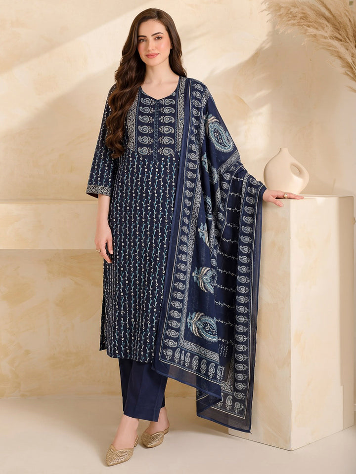 Blue Printed Cotton Blend Kurta With Pant &amp; Dupatta