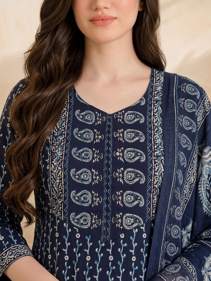Blue Printed Cotton Blend Kurta With Pant &amp; Dupatta