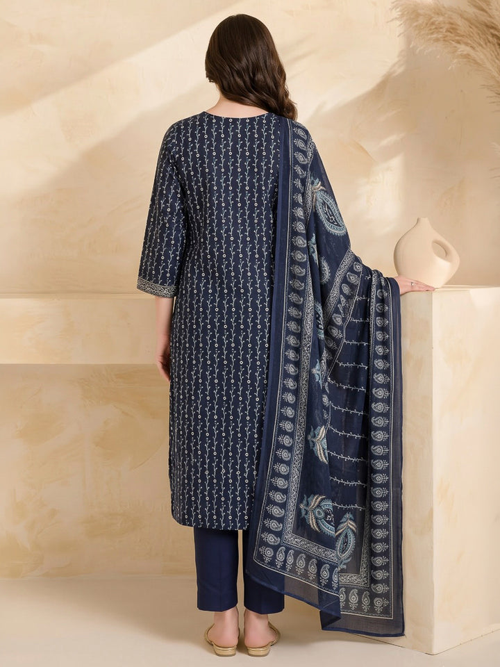 Blue Printed Cotton Blend Kurta With Pant &amp; Dupatta