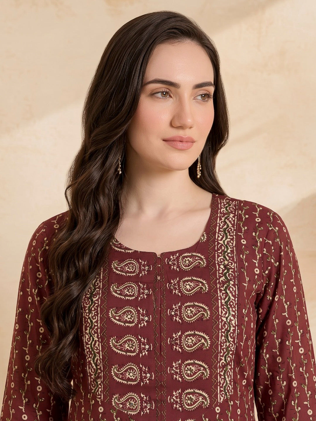Red Printed Cotton Blend Kurta With Pant &amp; Dupatta