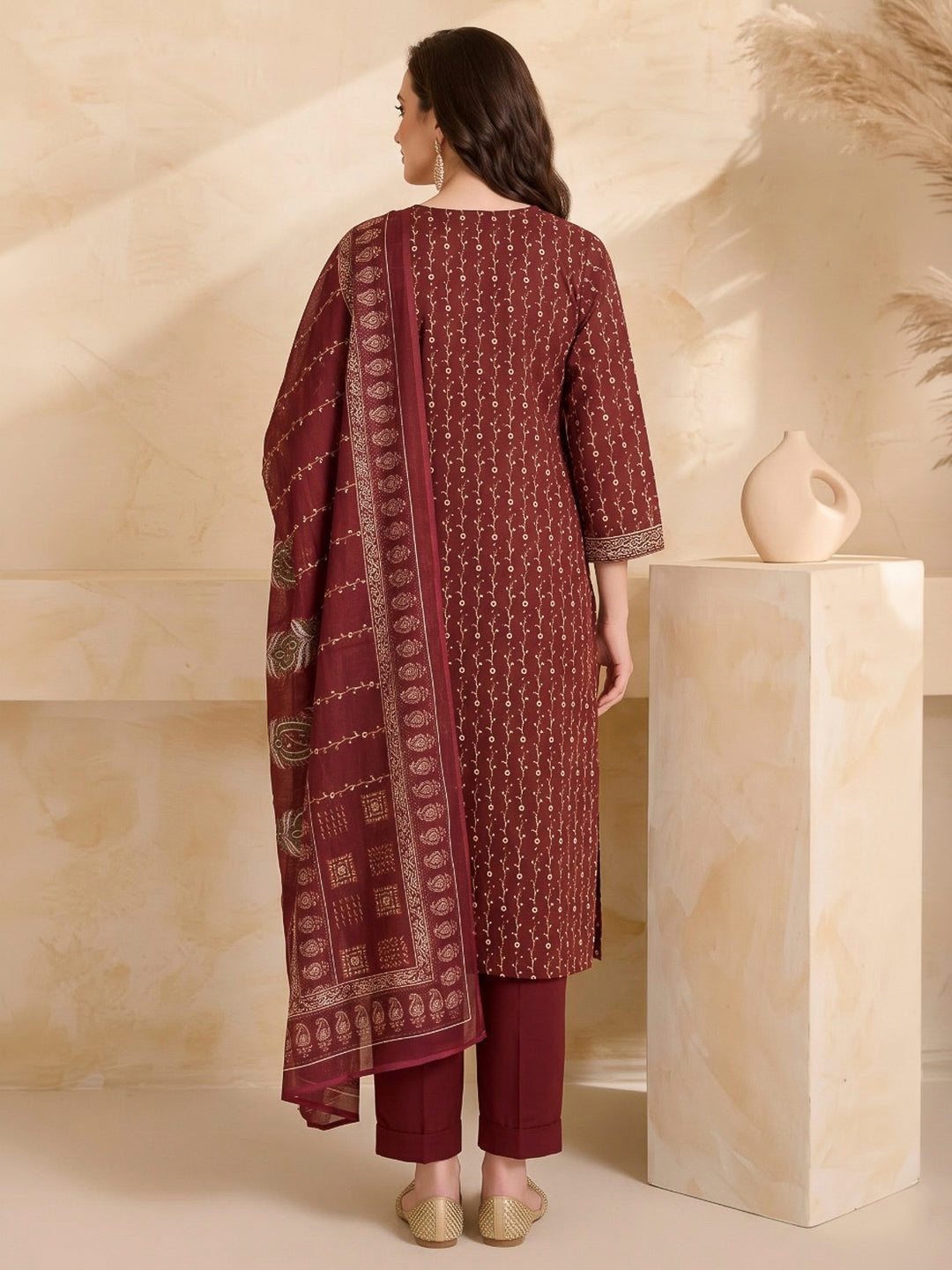 Red Printed Cotton Blend Kurta With Pant &amp; Dupatta