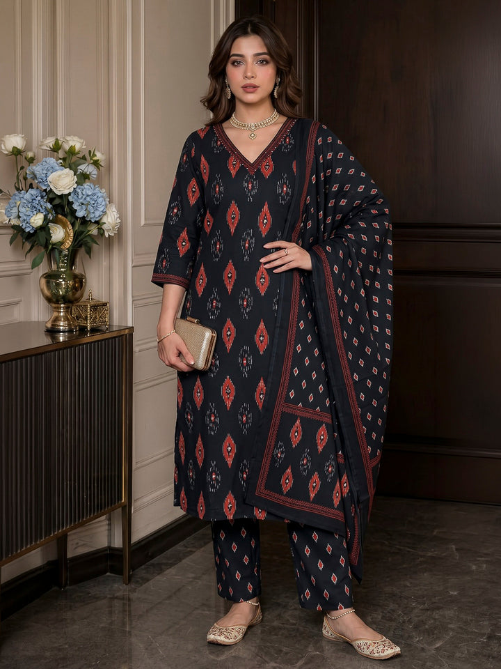Black Printed Cotton Blend Kurta With Pant &amp; Dupatta