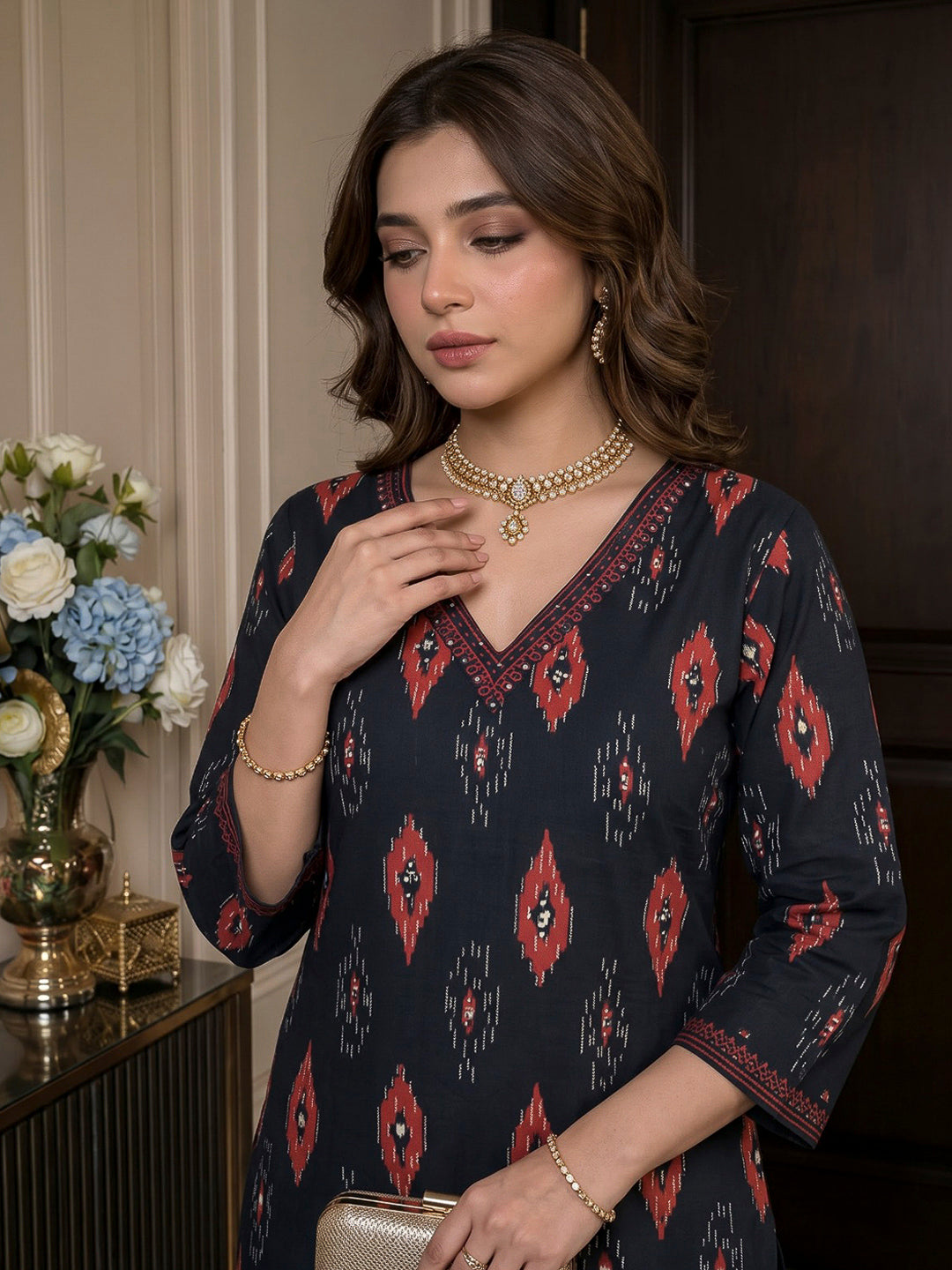 Black Printed Cotton Blend Kurta With Pant &amp; Dupatta