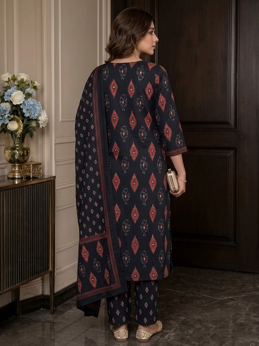 Black Printed Cotton Blend Kurta With Pant &amp; Dupatta