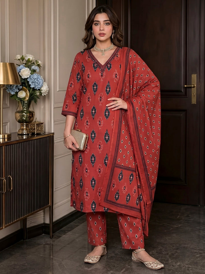 Red Printed Cotton Blend Kurta With Pant &amp; Dupatta