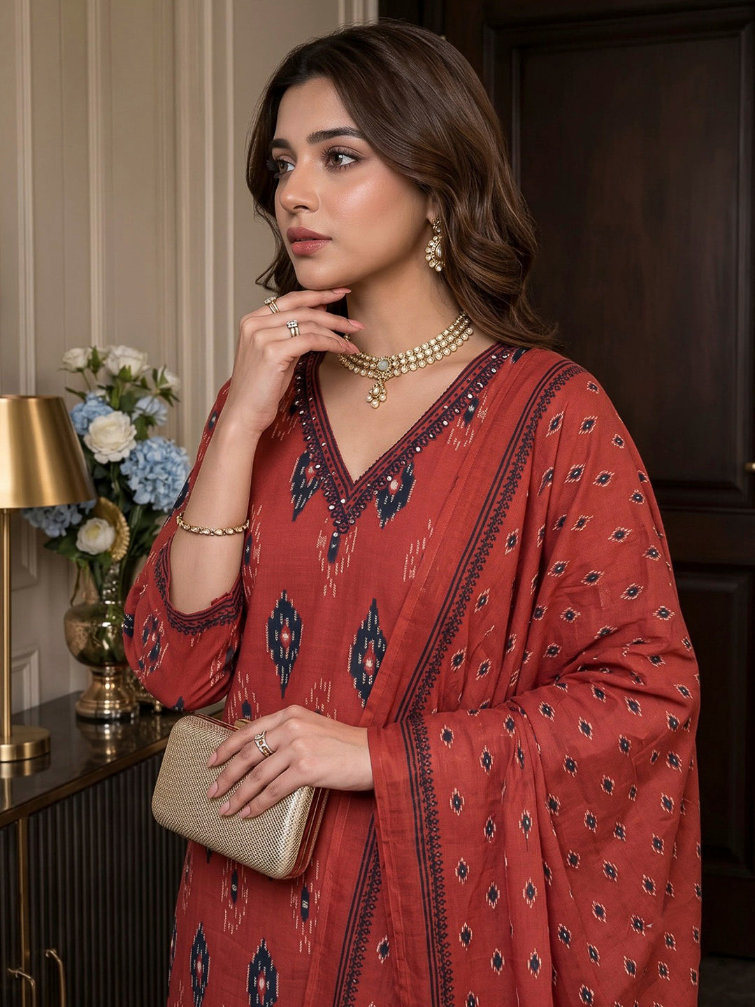 Red Printed Cotton Blend Kurta With Pant &amp; Dupatta