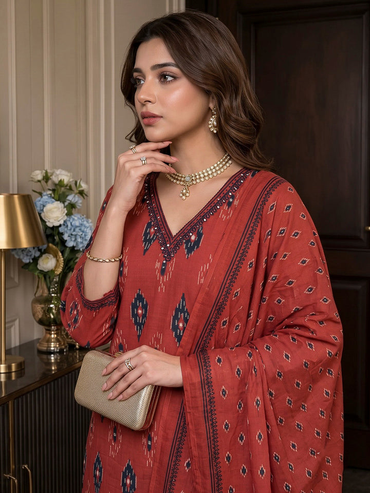 Red Printed Cotton Blend Kurta With Pant &amp; Dupatta