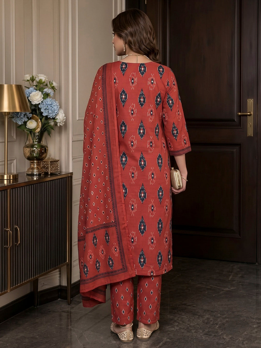 Red Printed Cotton Blend Kurta With Pant &amp; Dupatta