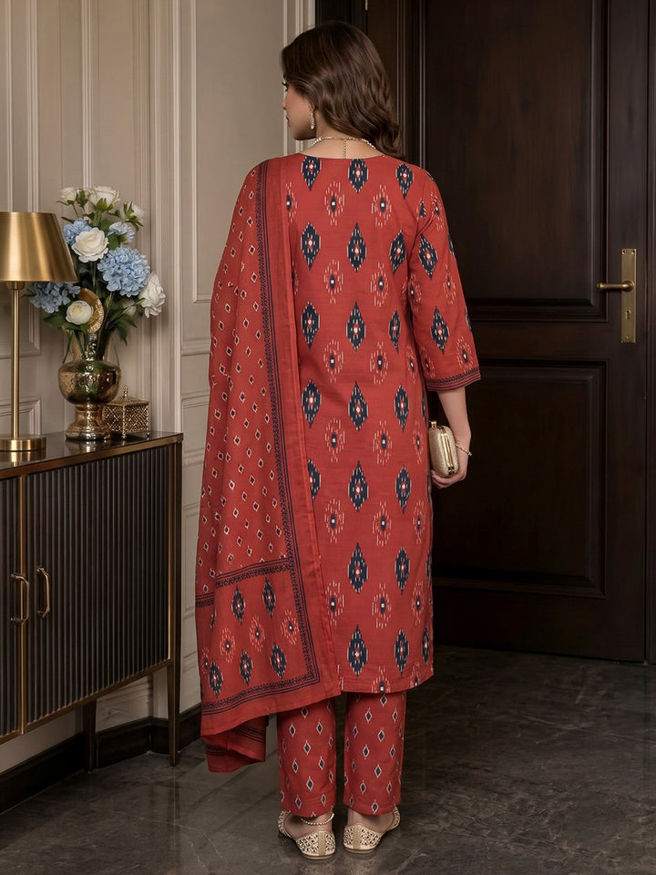 Red Printed Cotton Blend Kurta With Pant &amp; Dupatta
