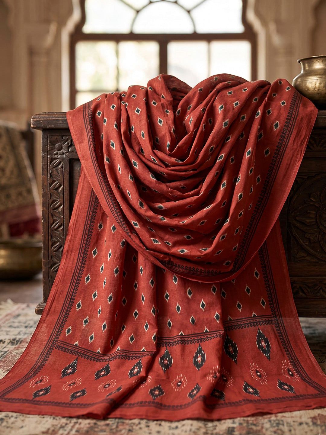Red Printed Cotton Blend Kurta With Pant &amp; Dupatta