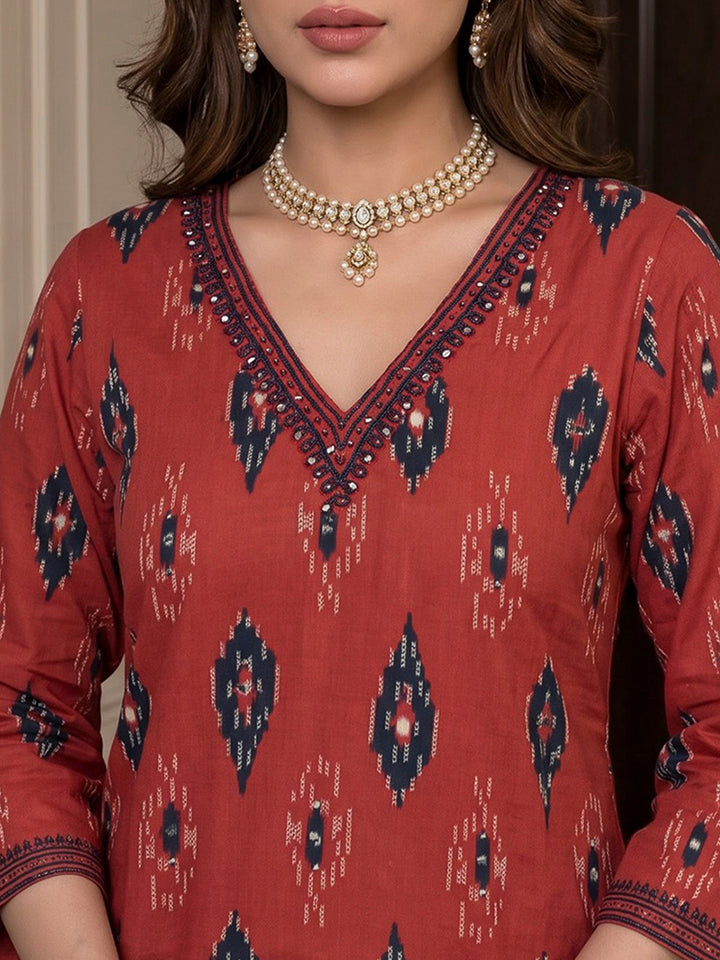 Red Printed Cotton Blend Kurta With Pant &amp; Dupatta