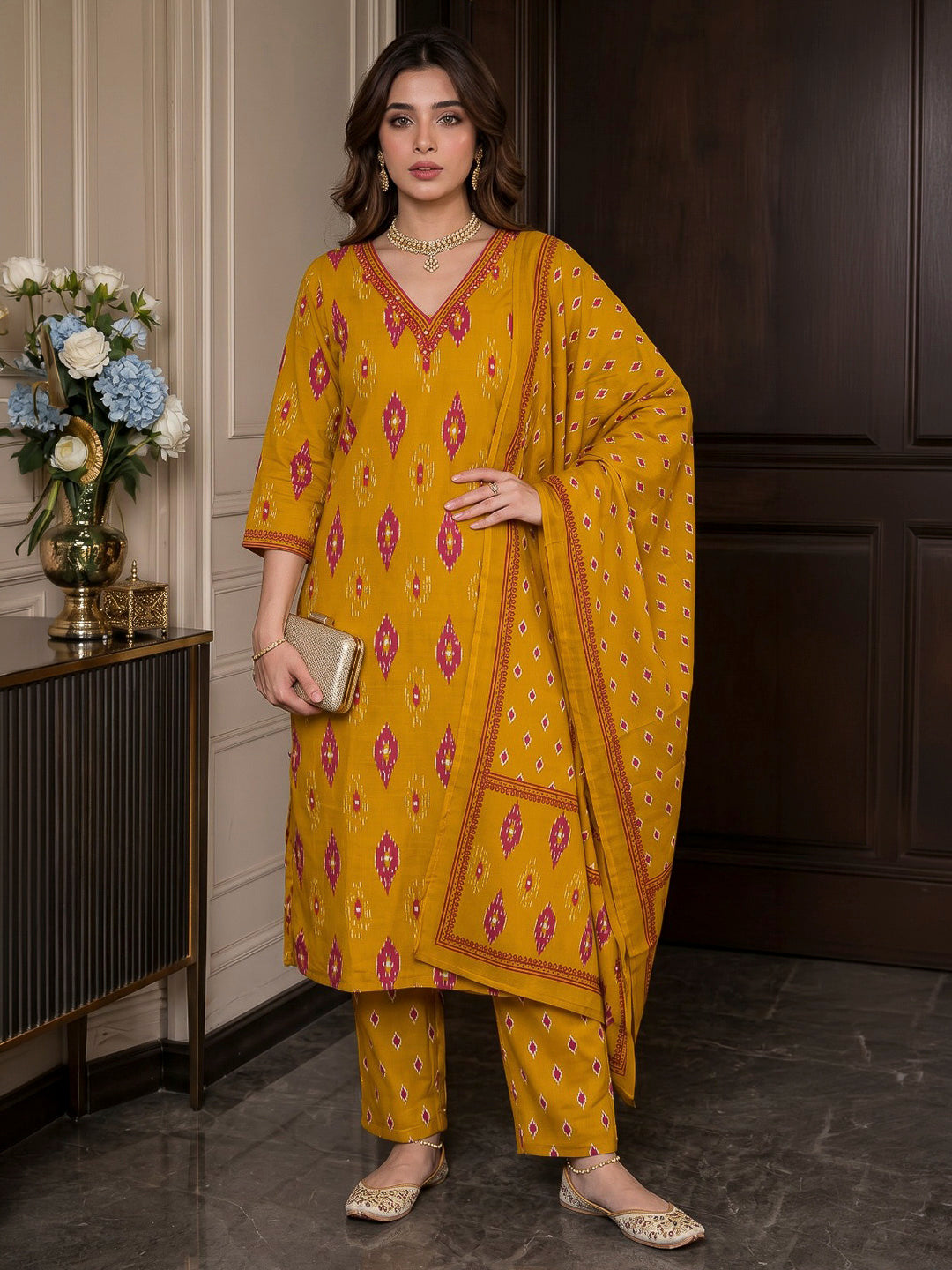 Yellow Printed Cotton Blend Kurta With Pant &amp; Dupatta