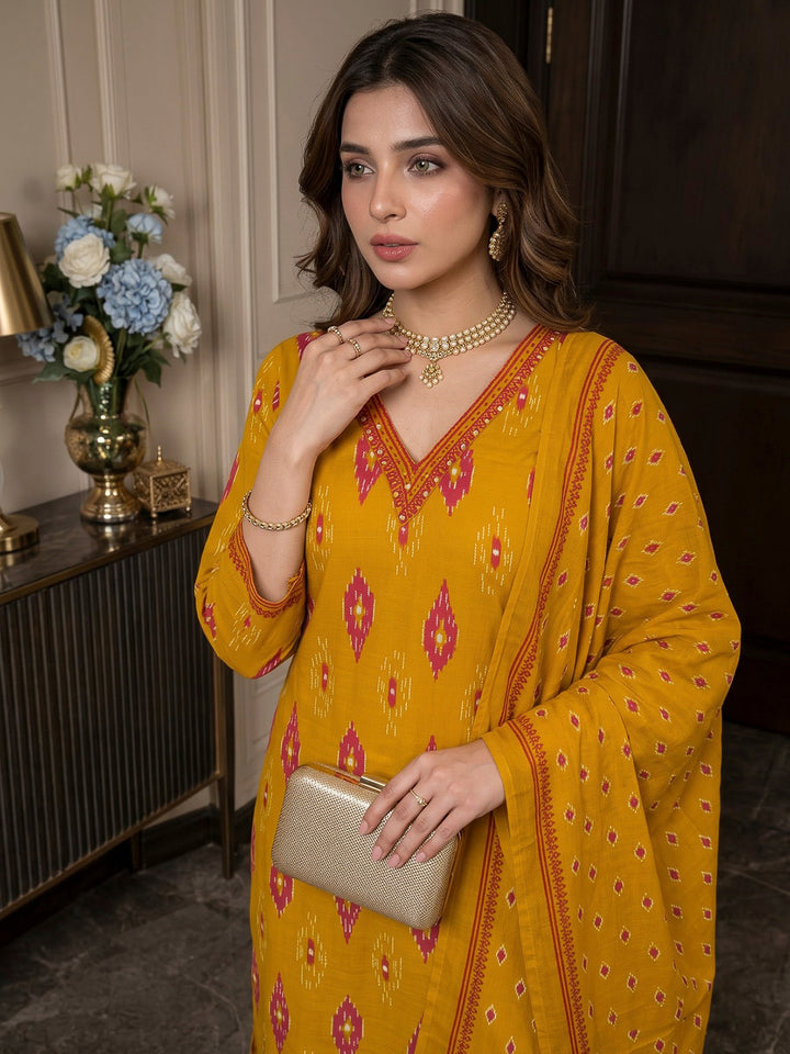 Yellow Printed Cotton Blend Kurta With Pant &amp; Dupatta