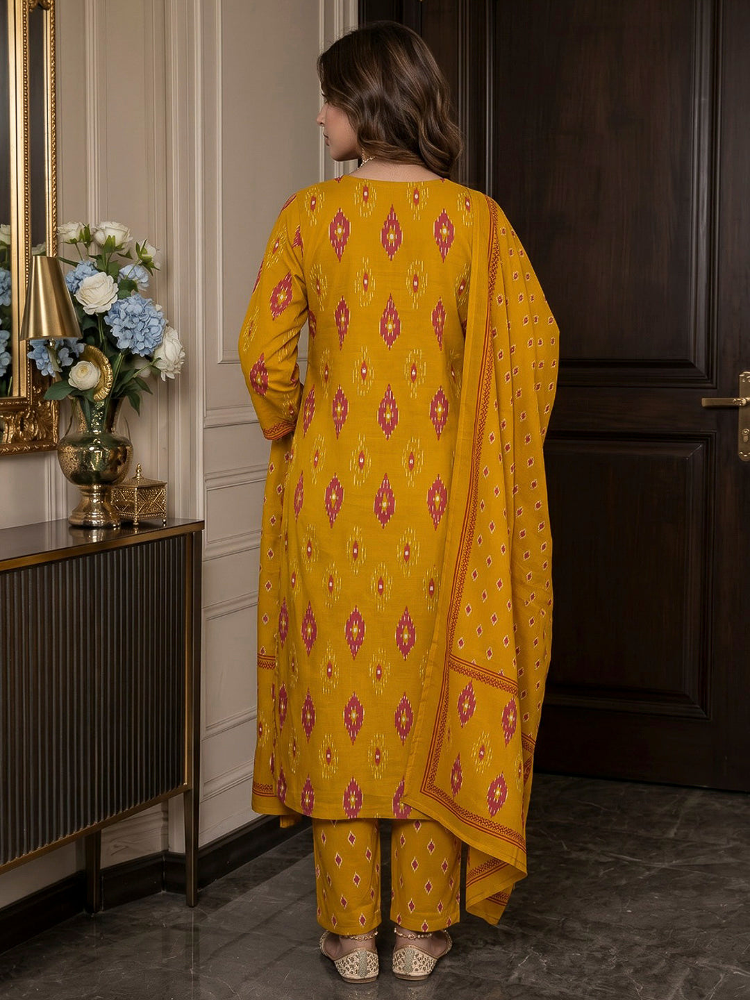 Yellow Printed Cotton Blend Kurta With Pant &amp; Dupatta