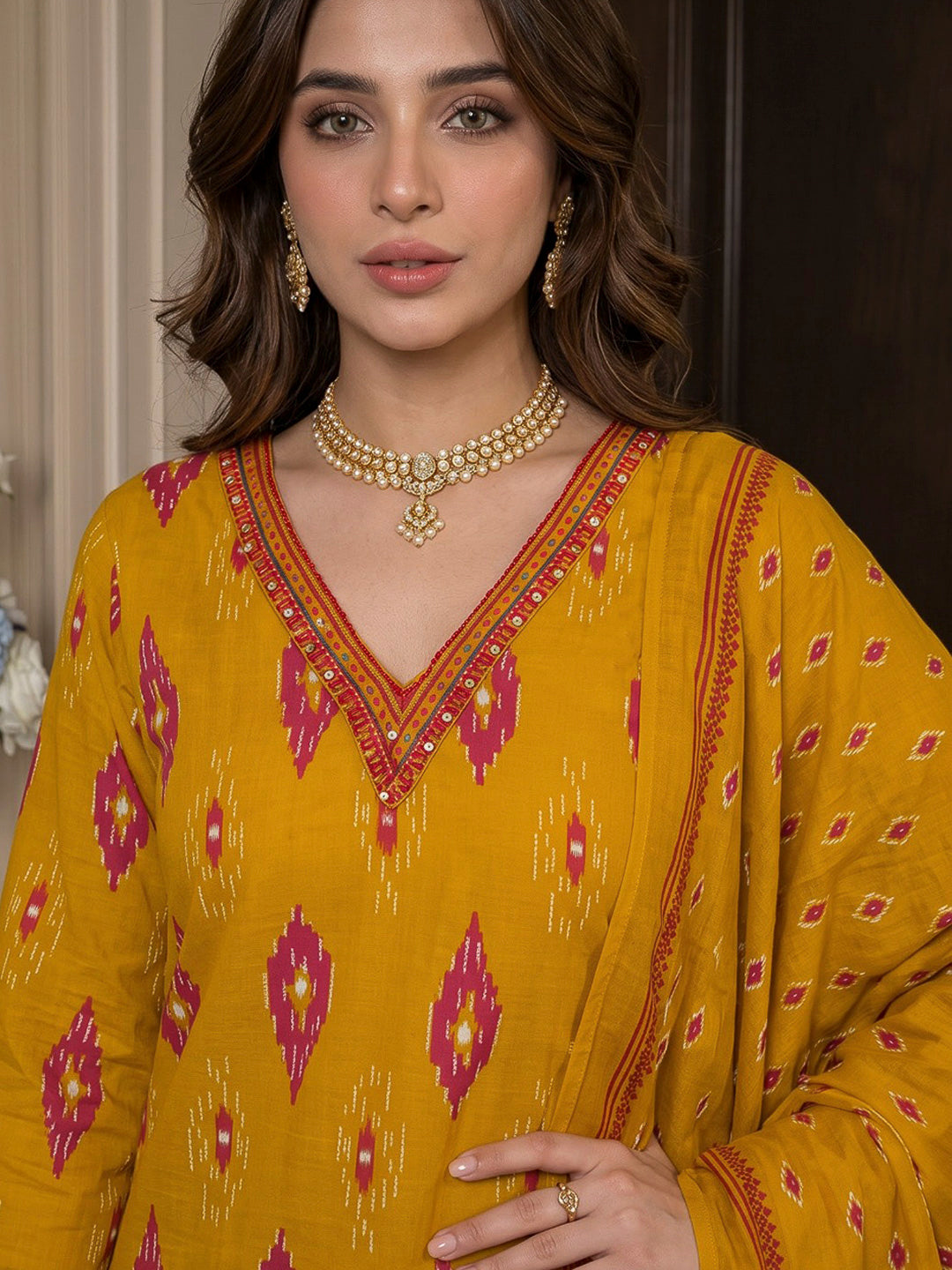 Yellow Printed Cotton Blend Kurta With Pant &amp; Dupatta