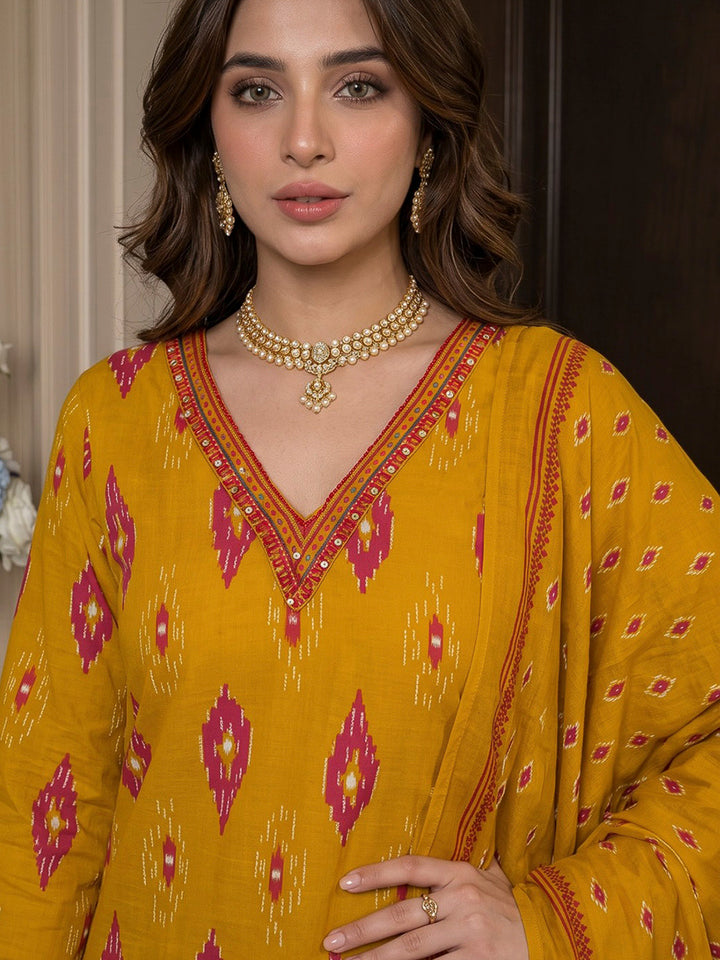 Yellow Printed Cotton Blend Kurta With Pant &amp; Dupatta