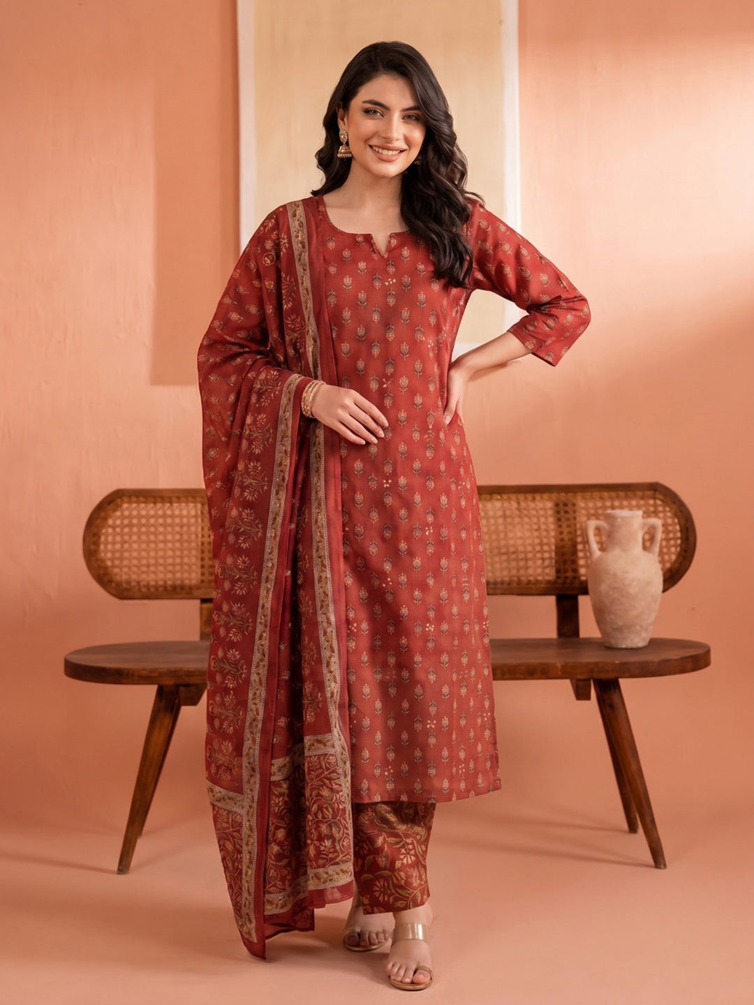 Maroon Printed Cotton Blend Kurta With Pant &amp; Dupatta