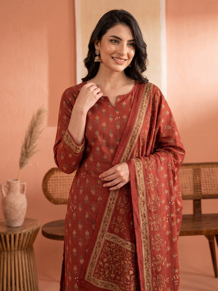 Maroon Printed Cotton Blend Kurta With Pant &amp; Dupatta