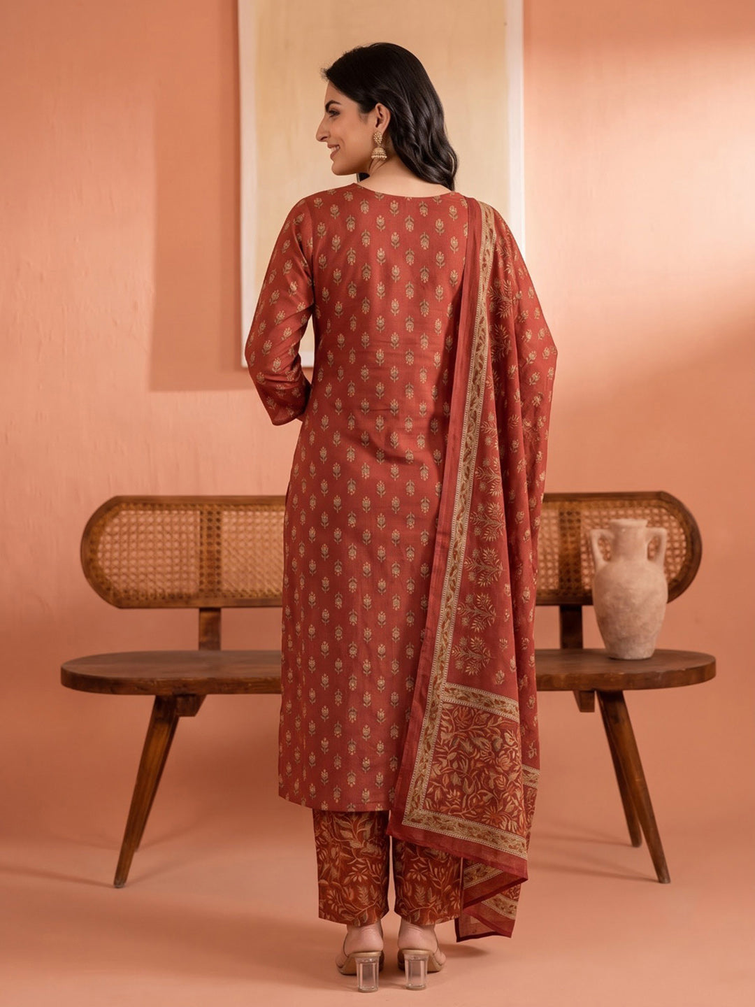 Maroon Printed Cotton Blend Kurta With Pant &amp; Dupatta