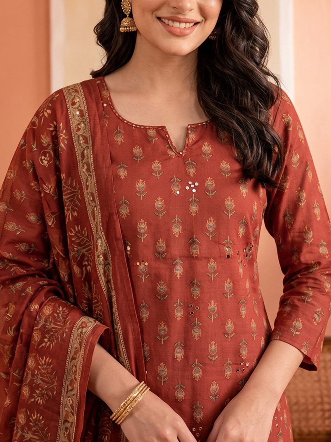 Maroon Printed Cotton Blend Kurta With Pant &amp; Dupatta