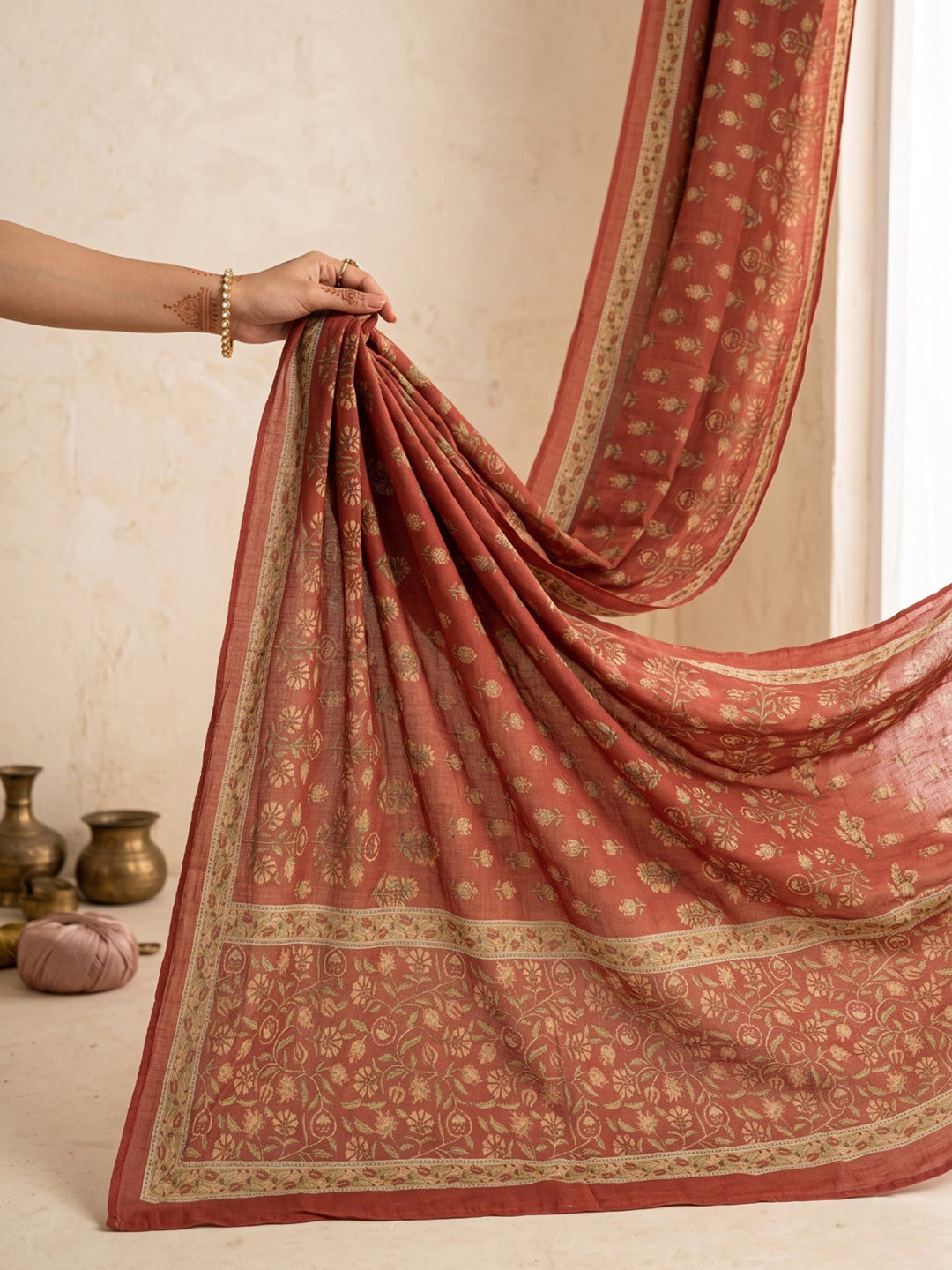 Maroon Printed Cotton Blend Kurta With Pant &amp; Dupatta