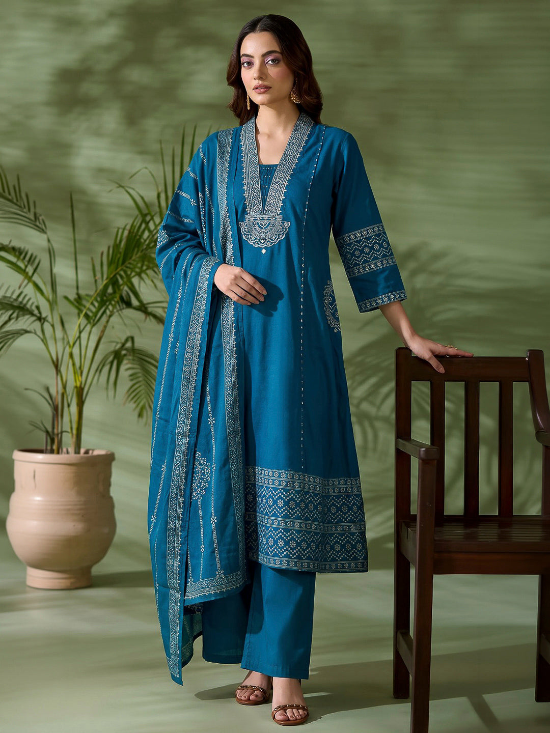 Blue Printed Cotton Blend Kurta With Pant &amp; Dupatta