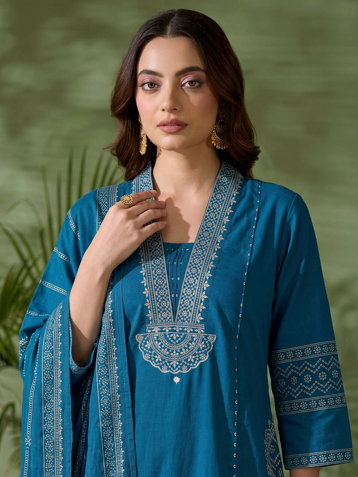Blue Printed Cotton Blend Kurta With Pant &amp; Dupatta
