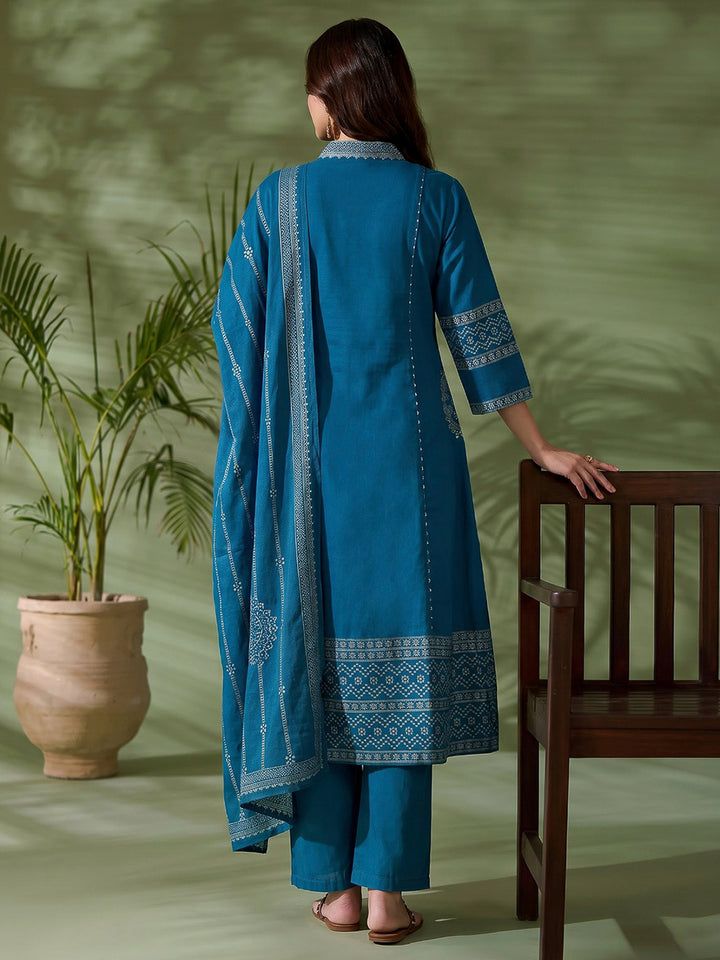 Blue Printed Cotton Blend Kurta With Pant &amp; Dupatta