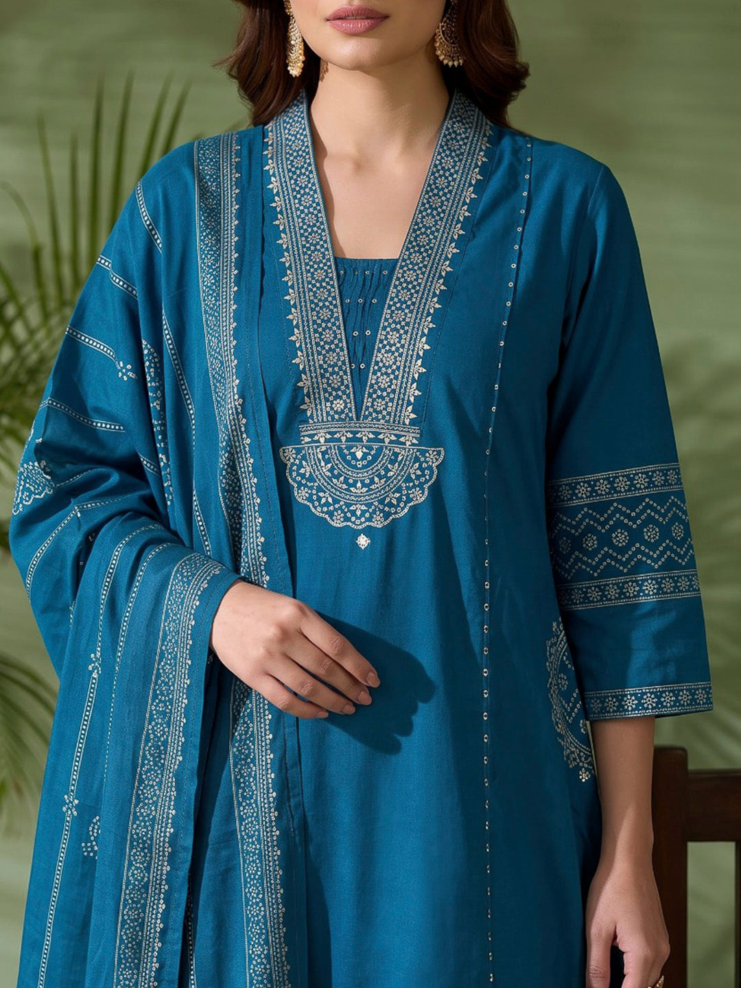 Blue Printed Cotton Blend Kurta With Pant &amp; Dupatta