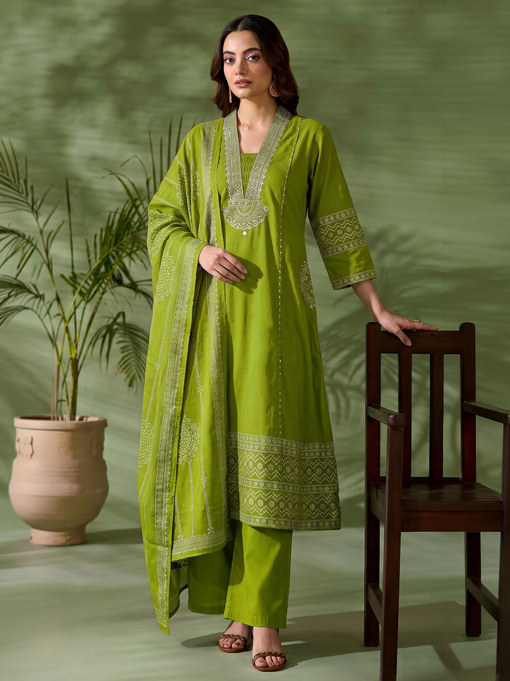 Green Printed Cotton Blend Kurta With Pant &amp; Dupatta