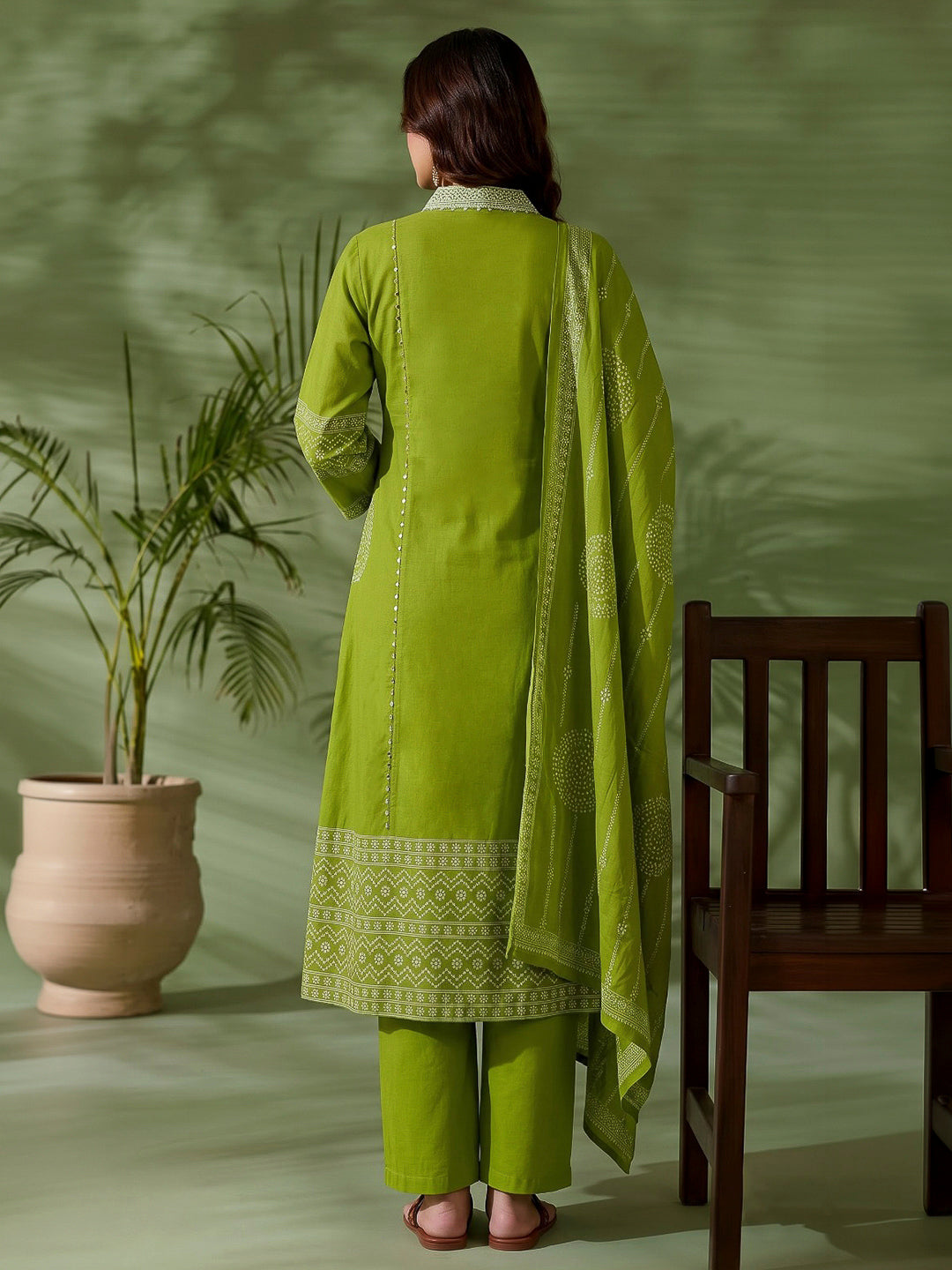 Green Printed Cotton Blend Kurta With Pant &amp; Dupatta