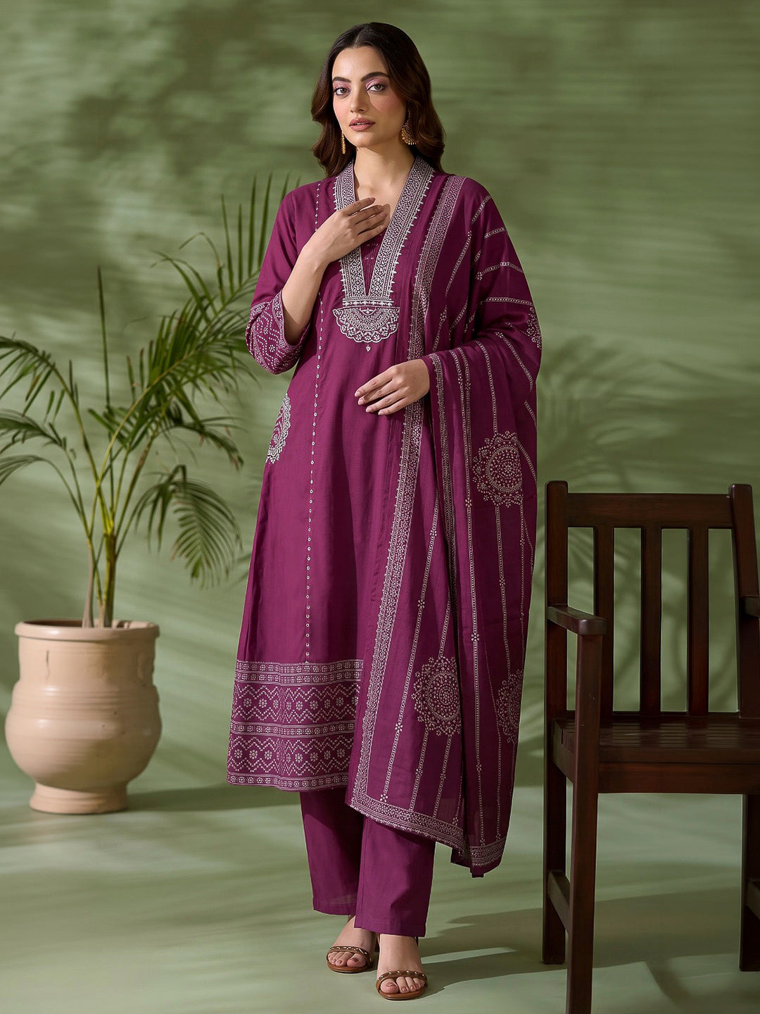 Maroon Printed Cotton Blend Kurta With Pant &amp; Dupatta
