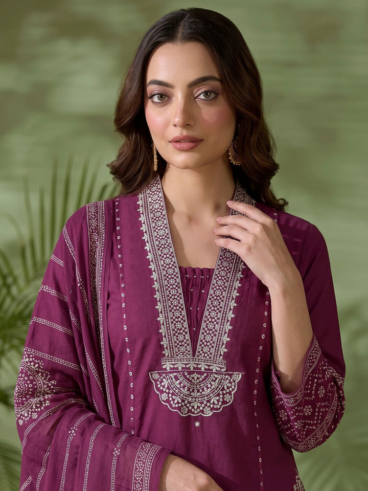 Maroon Printed Cotton Blend Kurta With Pant &amp; Dupatta